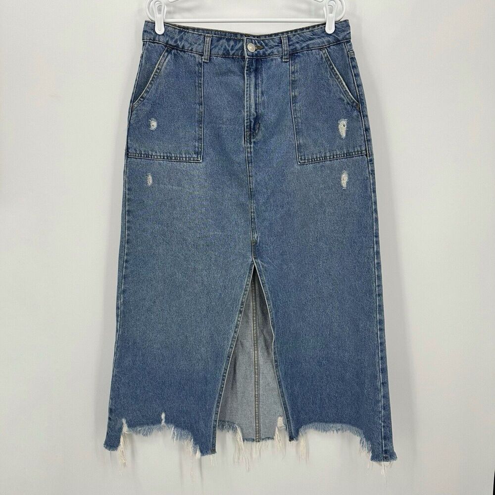 YSC‎ Denim Maxi Skirt Size 10 Womens Blue Medium Wash Distressed Front Slit Zip